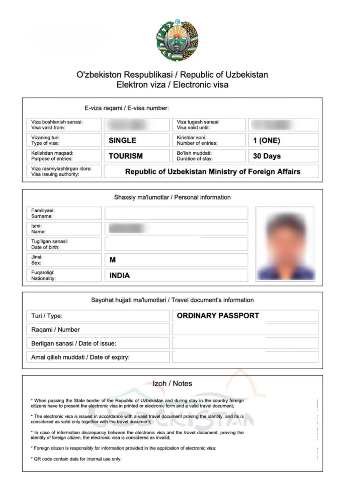 Sample Uzbekistan e-Visa